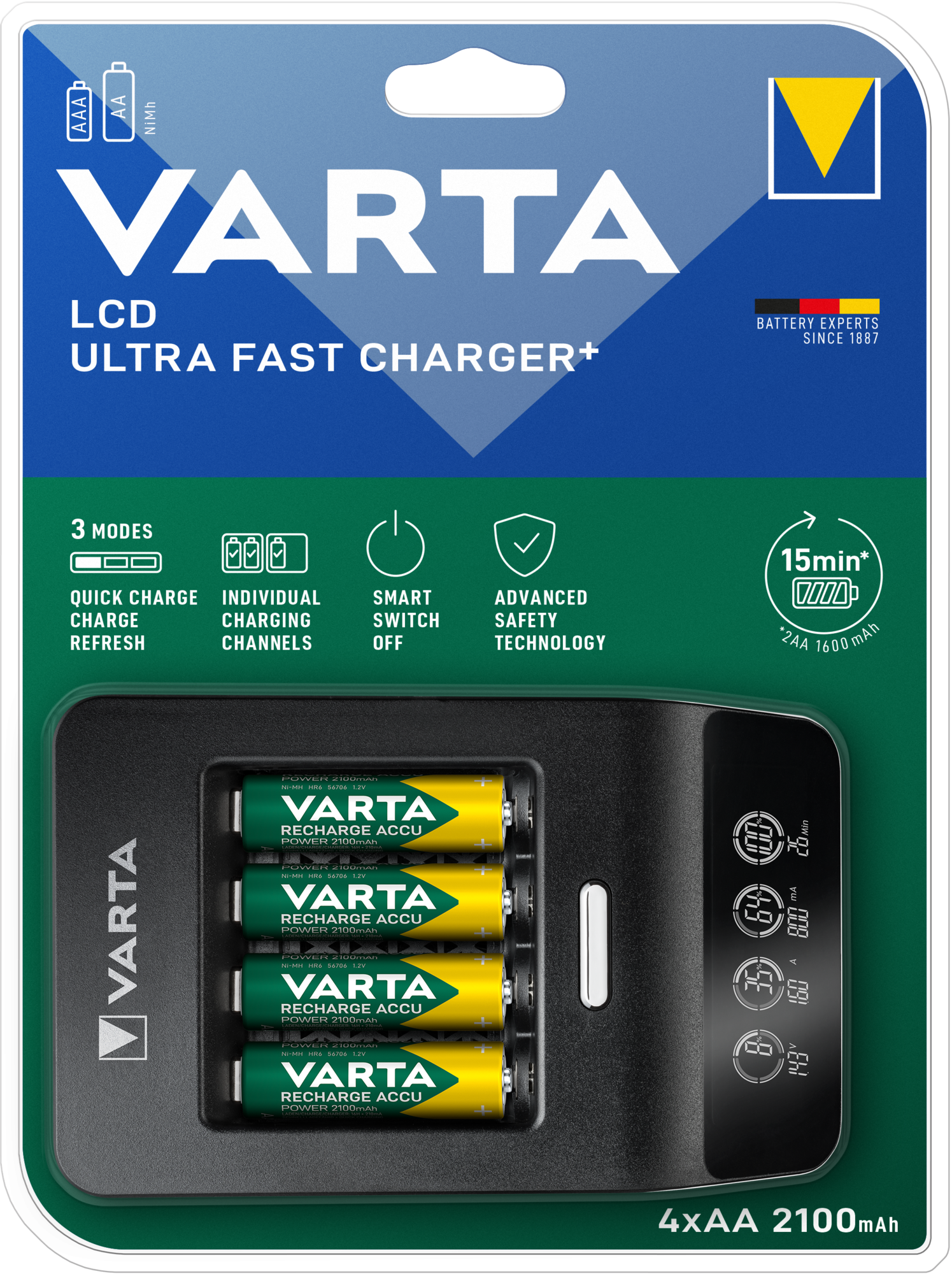 VARTA Elem akkumulátor töltő - LCD gyorstöltő 15 perc + AA 2100mAh x4 (R2U)