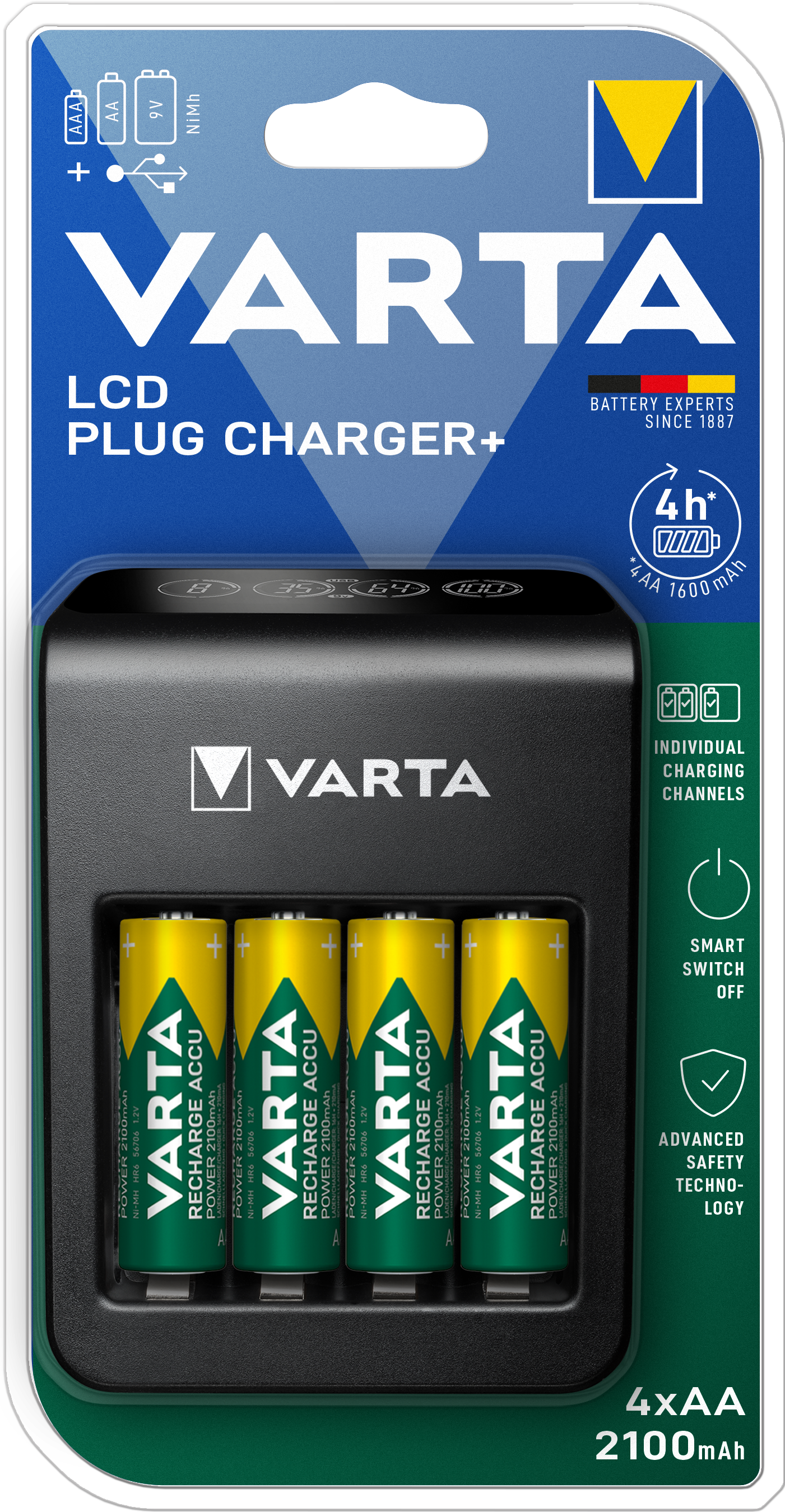 VARTA Elem akkumulátor töltő - LCD  Plug Charger + 4db 2100mAh AA  Új